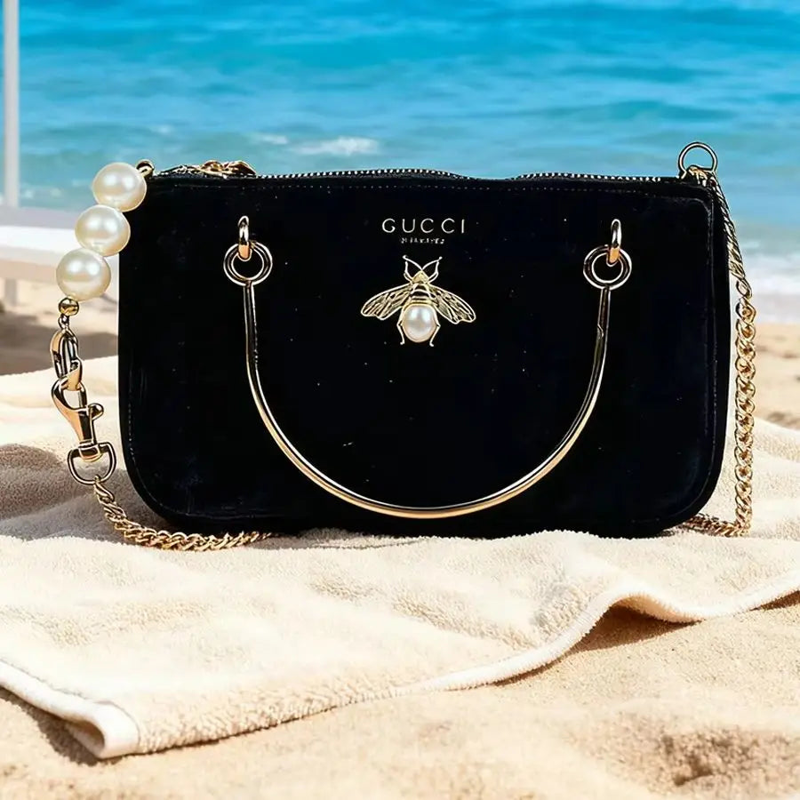 Gucci Gucci’s bag Women Black Velvet Insect Element Chain Crossbody Cosmetic Bag Fashion Daily Shoulder Storage Bag For Casual W