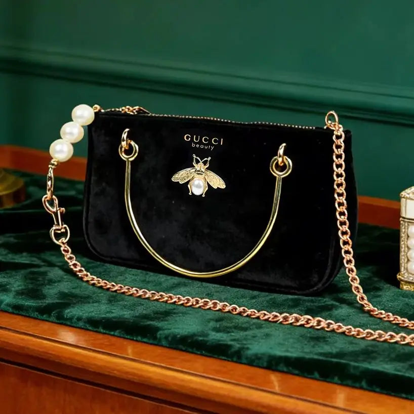 Gucci Gucci’s bag Women Black Velvet Insect Element Chain Crossbody Cosmetic Bag Fashion Daily Shoulder Storage Bag For Casual W
