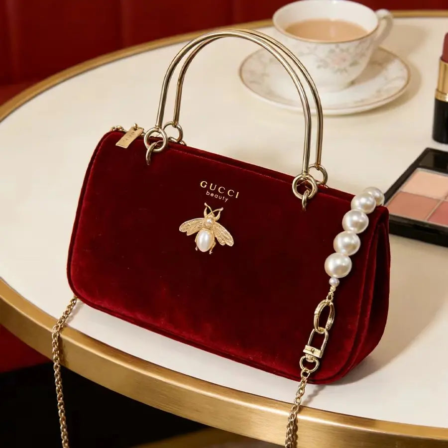 Gucci Gucci’s bag Women Medium Wine Red Velvet Chain Crossbody Cosmetic Bag Fashion Daily Shoulder Storage Bag For Casual Wear