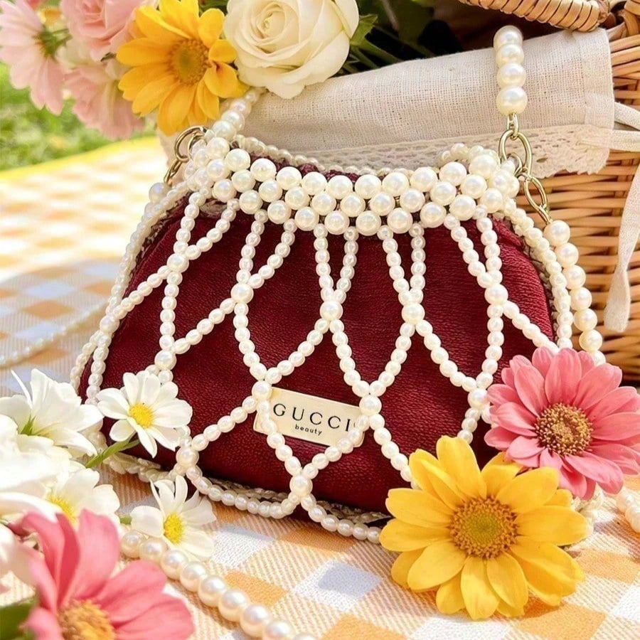 Gucci Gucci’s bag Red Mini Pearl Chain Shoulder Bag Handmade Pearl Flip Luxury Handbag Dating Travel Vacation Gift For Women