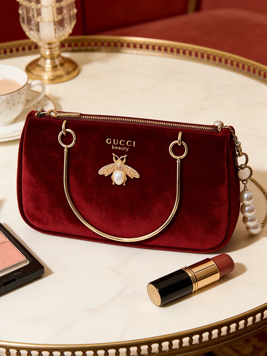 Gucci Gucci’s bag Women Medium Wine Red Velvet Chain Crossbody Cosmetic Bag Fashion Daily Shoulder Storage Bag For Casual Wear