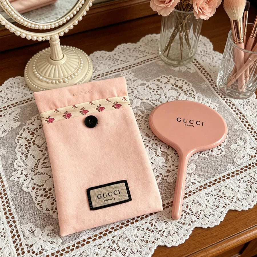 Gucci’s bag Pink Canvas Cosmetic Storage Bag Portable Travel Pouch With Logo Mirror Ideal Birthday Anniversary Gift For Women