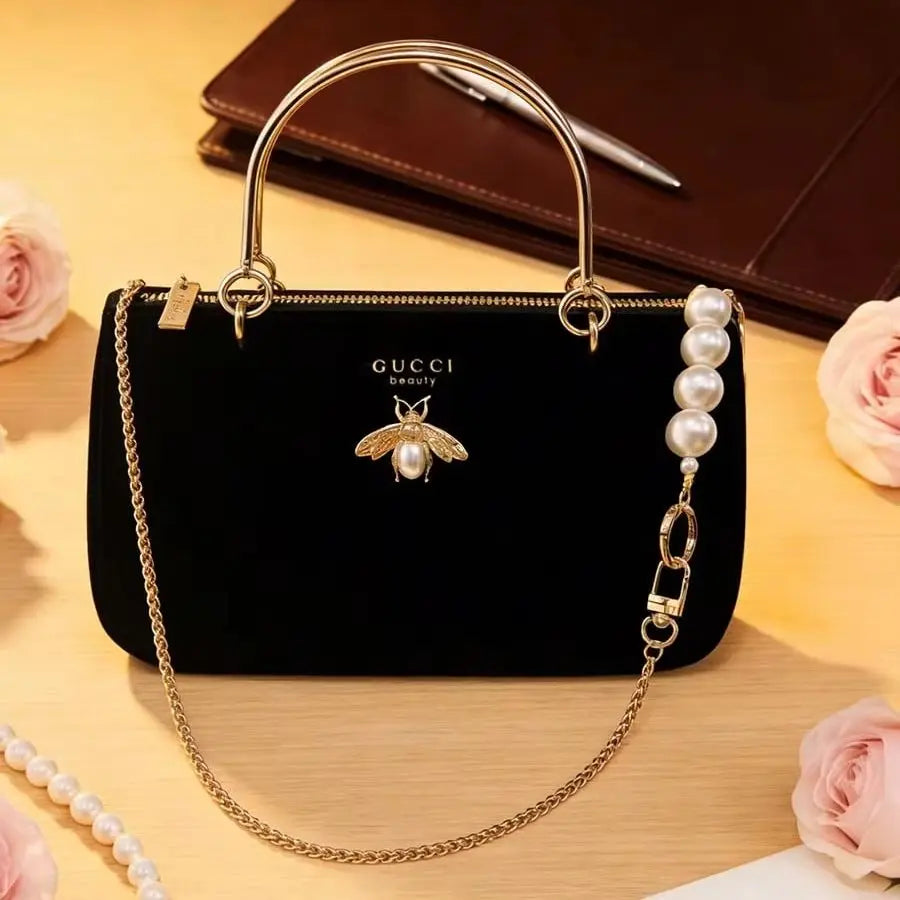 Gucci Gucci’s bag Women Black Velvet Insect Element Chain Crossbody Cosmetic Bag Fashion Daily Shoulder Storage Bag For Casual W