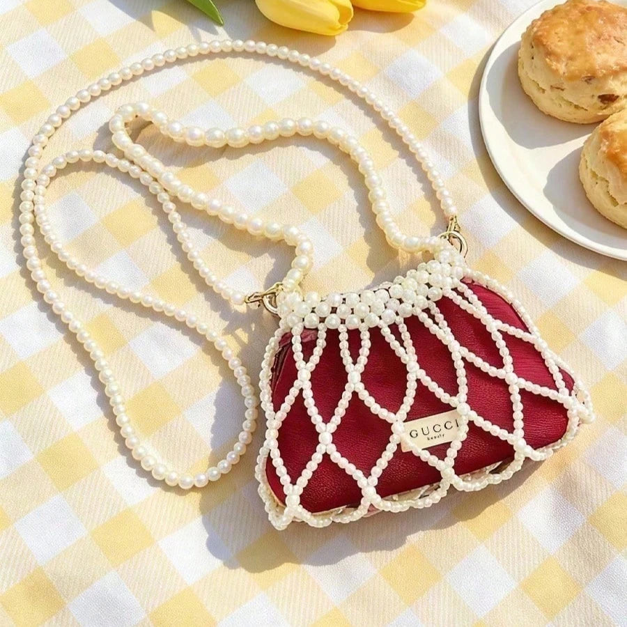 Gucci Gucci’s bag Red Mini Pearl Chain Shoulder Bag Handmade Pearl Flip Luxury Handbag Dating Travel Vacation Gift For Women