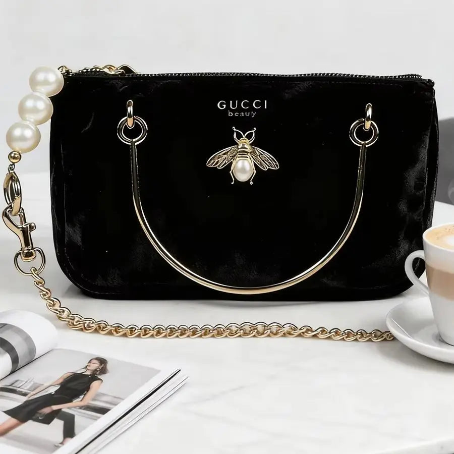 Gucci Gucci’s bag Women Black Velvet Insect Element Chain Crossbody Cosmetic Bag Fashion Daily Shoulder Storage Bag For Casual W