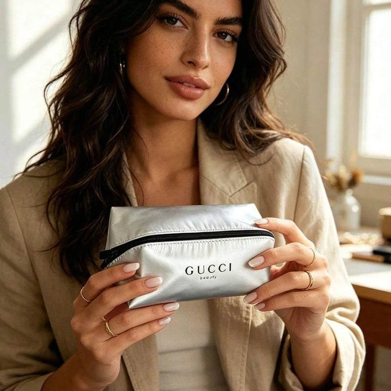 GUCCI bag Shiny Silver Zipper Dual Purpose Cosmetic Bag And Pencil Case Smooth Premium Texture Lightweight Portable Daily