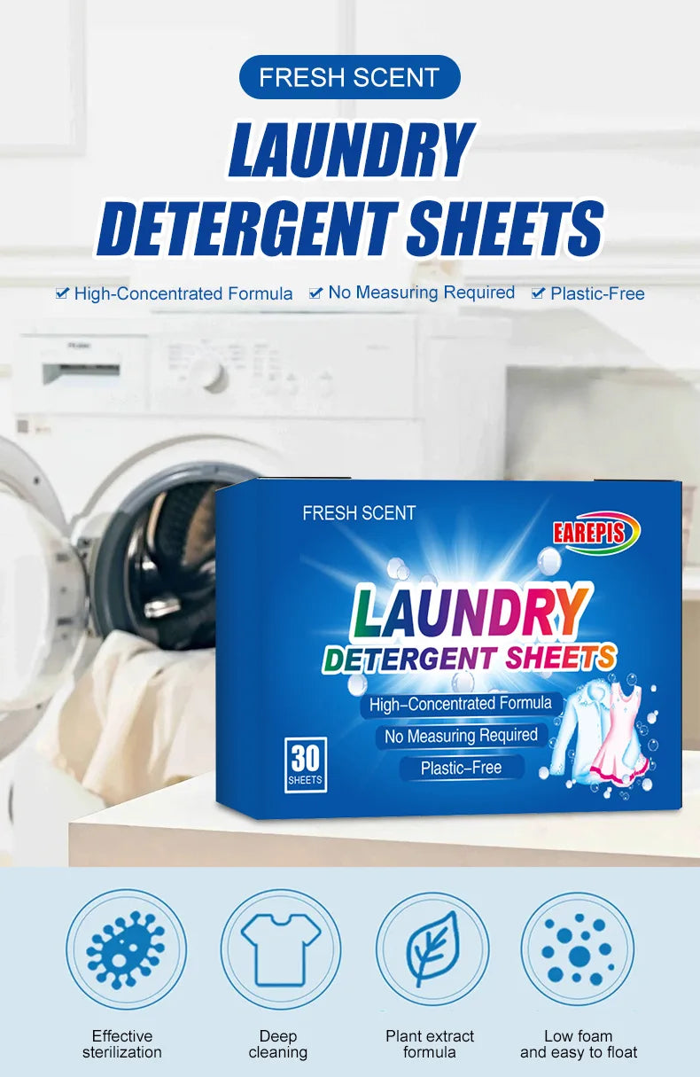 30pc Powerful Laundry Detergent Sheets,Portable & High-Quality for Clothing Stain Removal & Cleaning Essentials Washing Machines