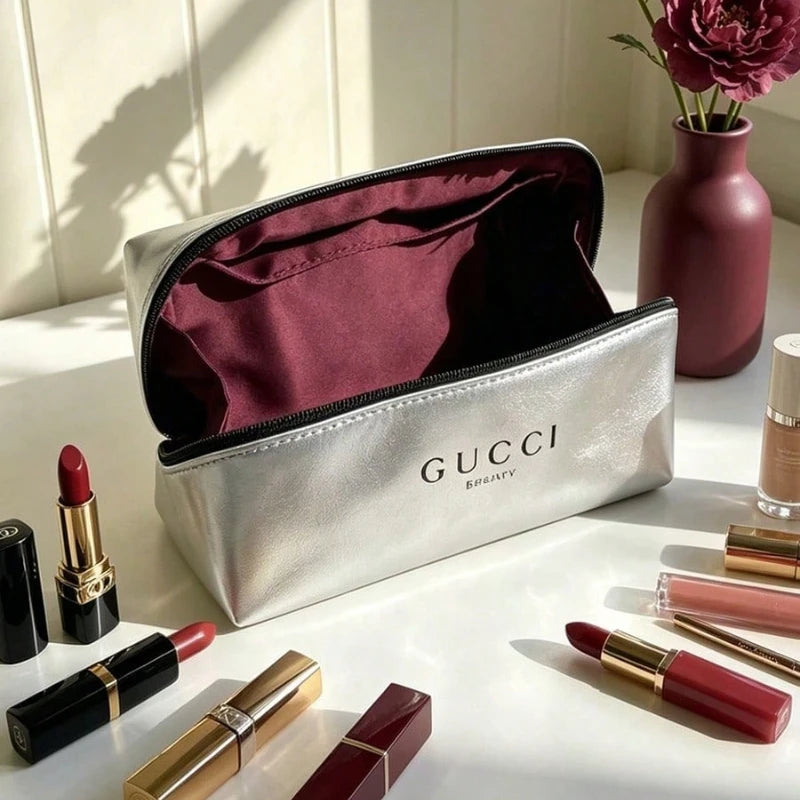 GUCCI bag Shiny Silver Zipper Dual Purpose Cosmetic Bag And Pencil Case Smooth Premium Texture Lightweight Portable Daily