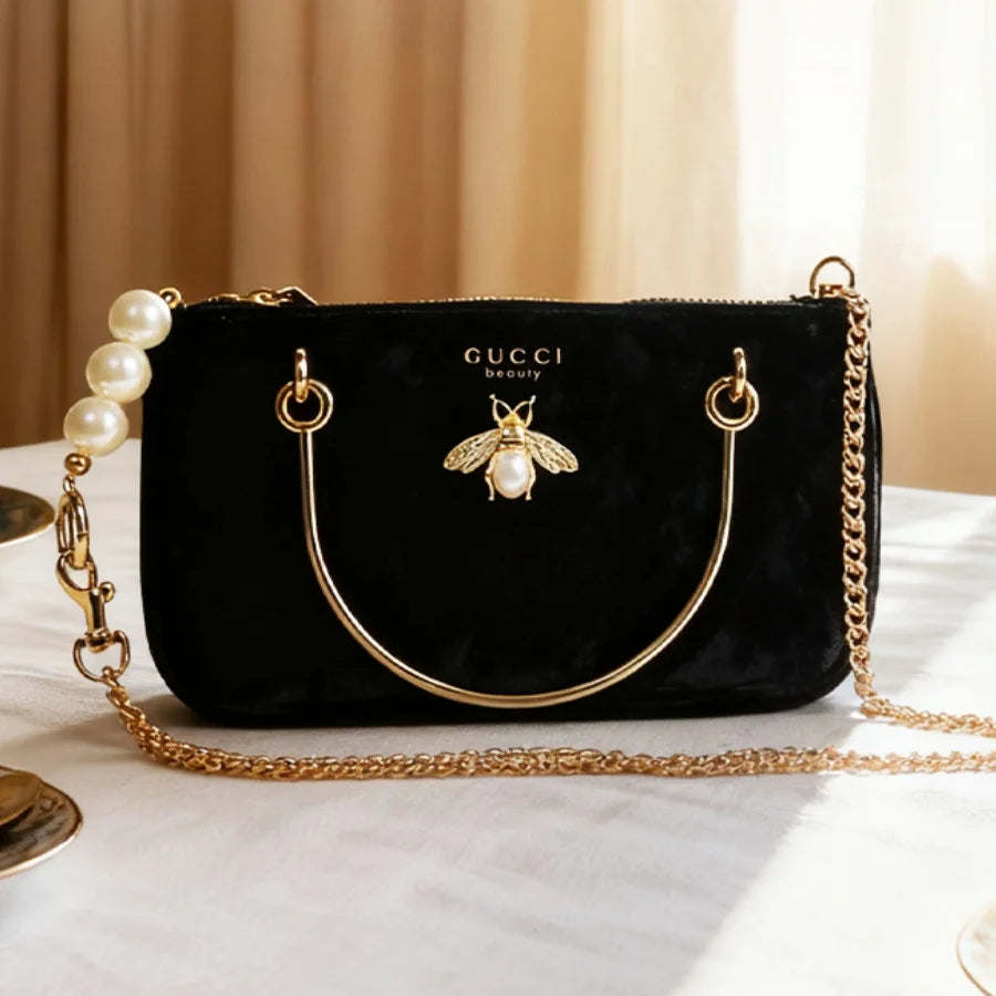 Gucci Gucci’s bag Women Black Velvet Insect Element Chain Crossbody Cosmetic Bag Fashion Daily Shoulder Storage Bag For Casual W