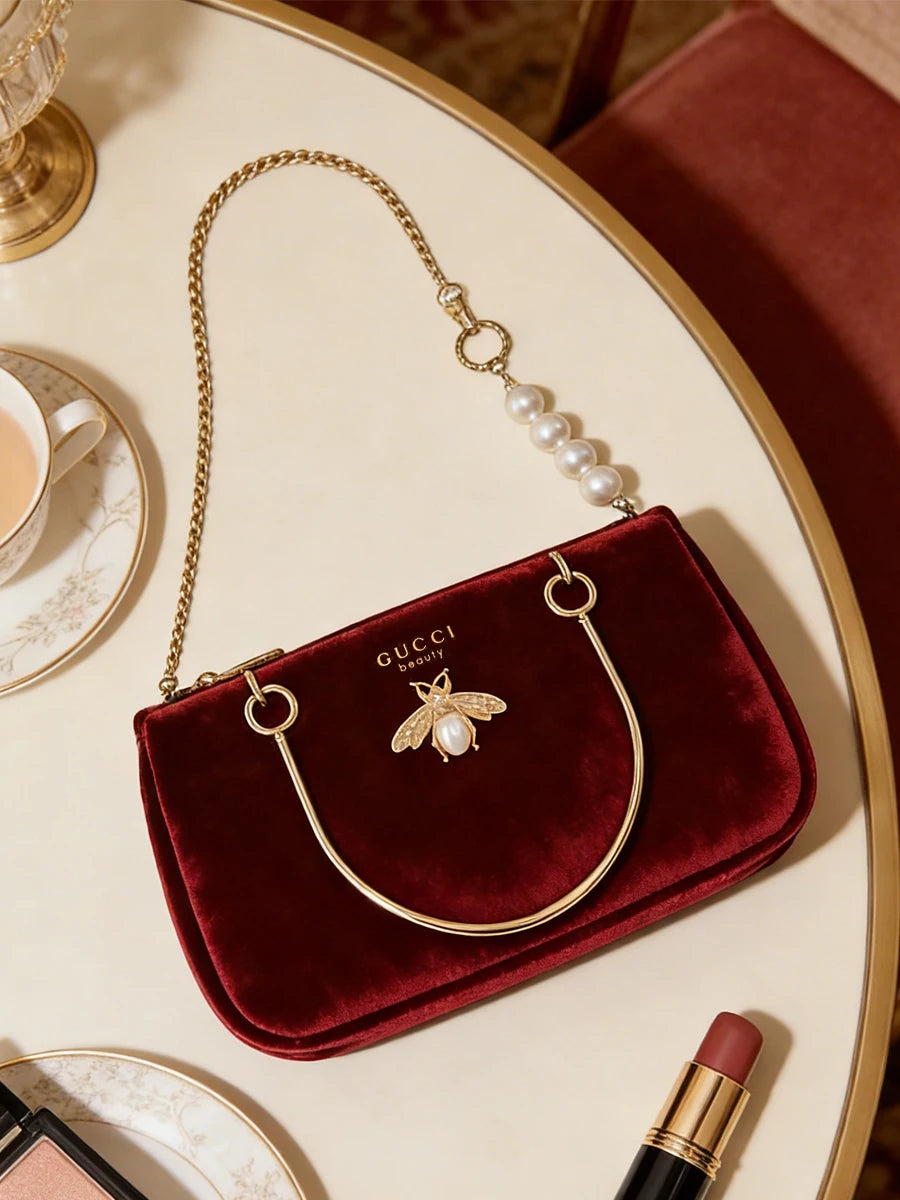 Gucci Gucci’s bag Women Medium Wine Red Velvet Chain Crossbody Cosmetic Bag Fashion Daily Shoulder Storage Bag For Casual Wear