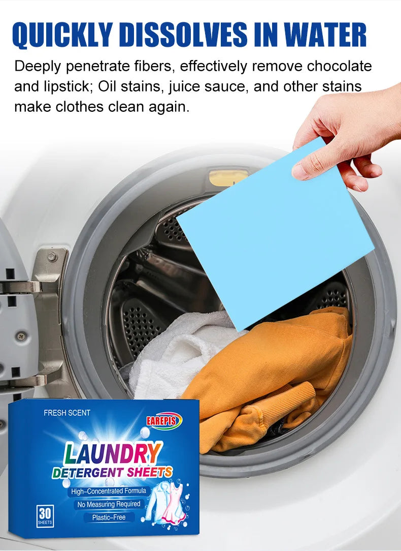 30pc Powerful Laundry Detergent Sheets,Portable & High-Quality for Clothing Stain Removal & Cleaning Essentials Washing Machines