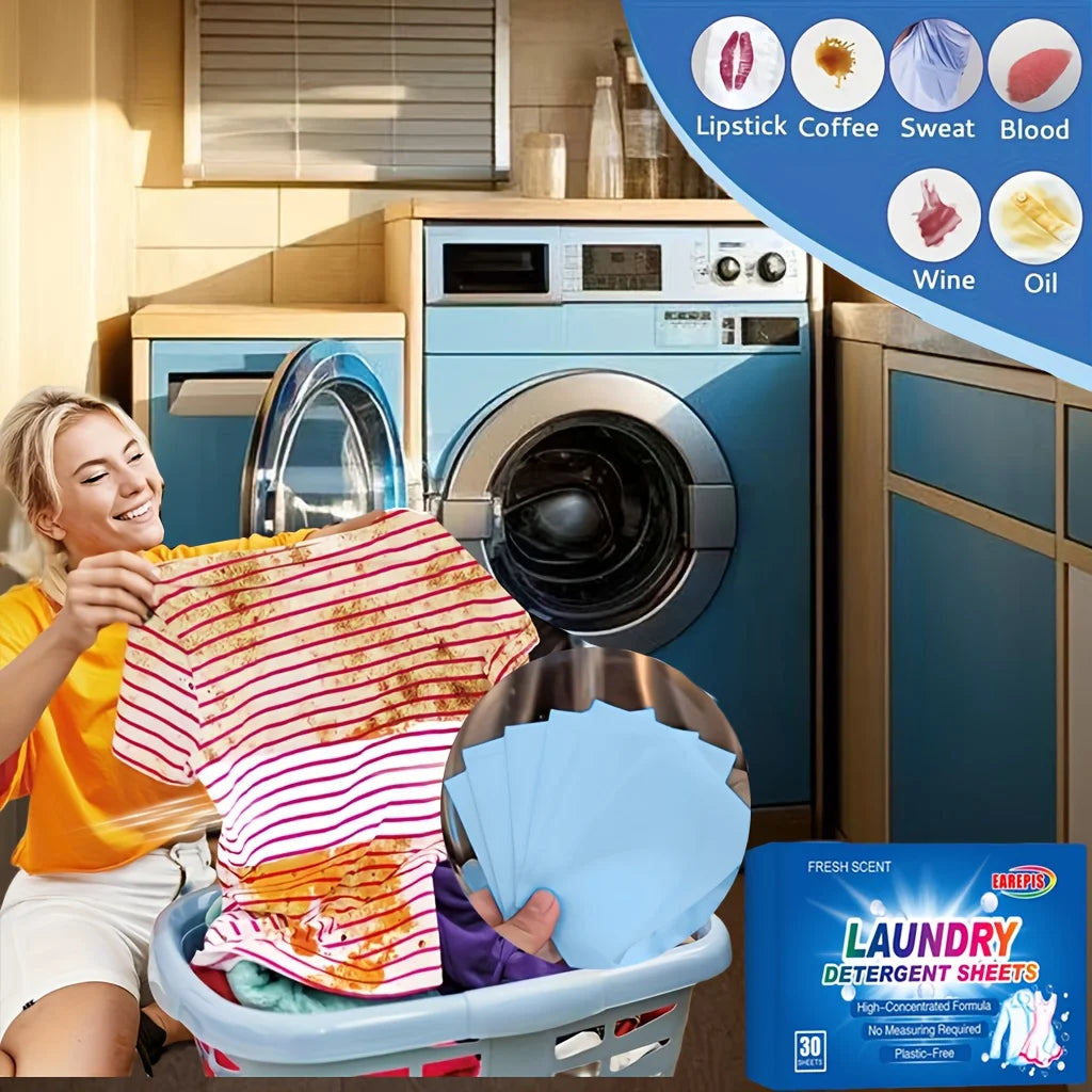 30pc Powerful Laundry Detergent Sheets,Portable & High-Quality for Clothing Stain Removal & Cleaning Essentials Washing Machines