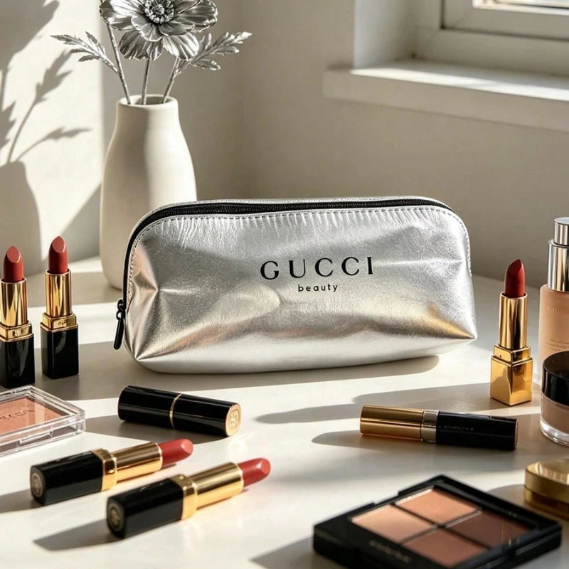 GUCCI bag Shiny Silver Zipper Dual Purpose Cosmetic Bag And Pencil Case Smooth Premium Texture Lightweight Portable Daily