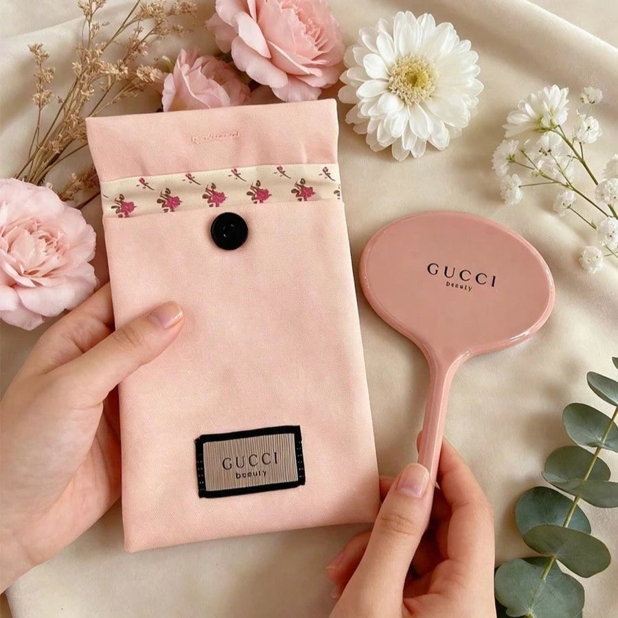 Gucci’s bag Pink Canvas Cosmetic Storage Bag Portable Travel Pouch With Logo Mirror Ideal Birthday Anniversary Gift For Women