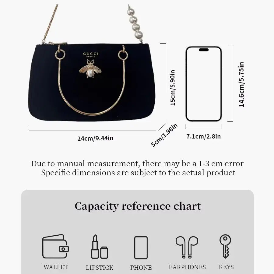 Gucci Gucci’s bag Women Black Velvet Insect Element Chain Crossbody Cosmetic Bag Fashion Daily Shoulder Storage Bag For Casual W