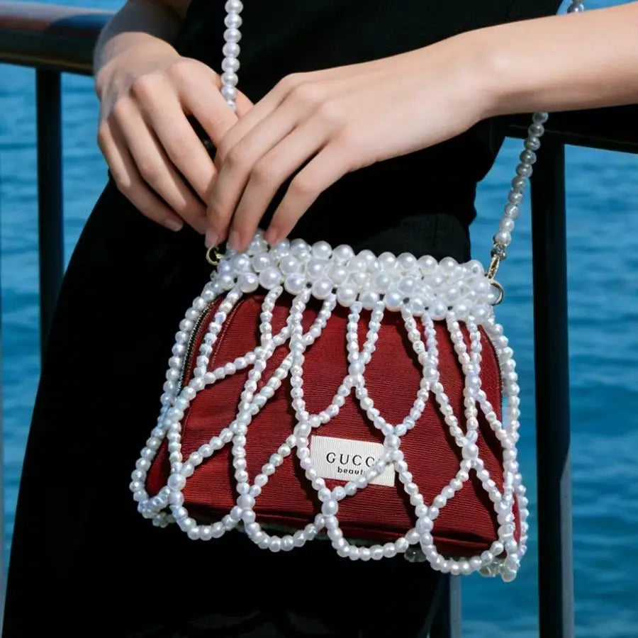 Gucci Gucci’s bag Red Mini Pearl Chain Shoulder Bag Handmade Pearl Flip Luxury Handbag Dating Travel Vacation Gift For Women