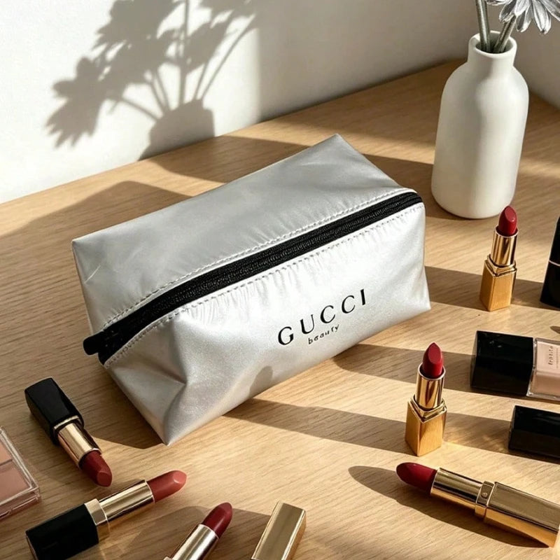 GUCCI bag Shiny Silver Zipper Dual Purpose Cosmetic Bag And Pencil Case Smooth Premium Texture Lightweight Portable Daily