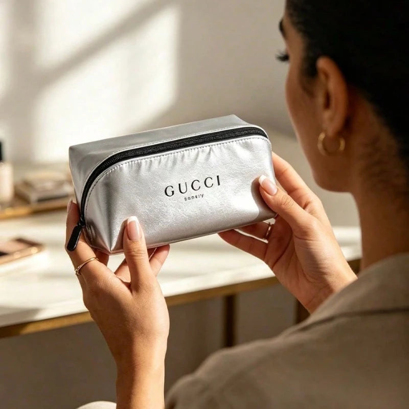 GUCCI bag Shiny Silver Zipper Dual Purpose Cosmetic Bag And Pencil Case Smooth Premium Texture Lightweight Portable Daily
