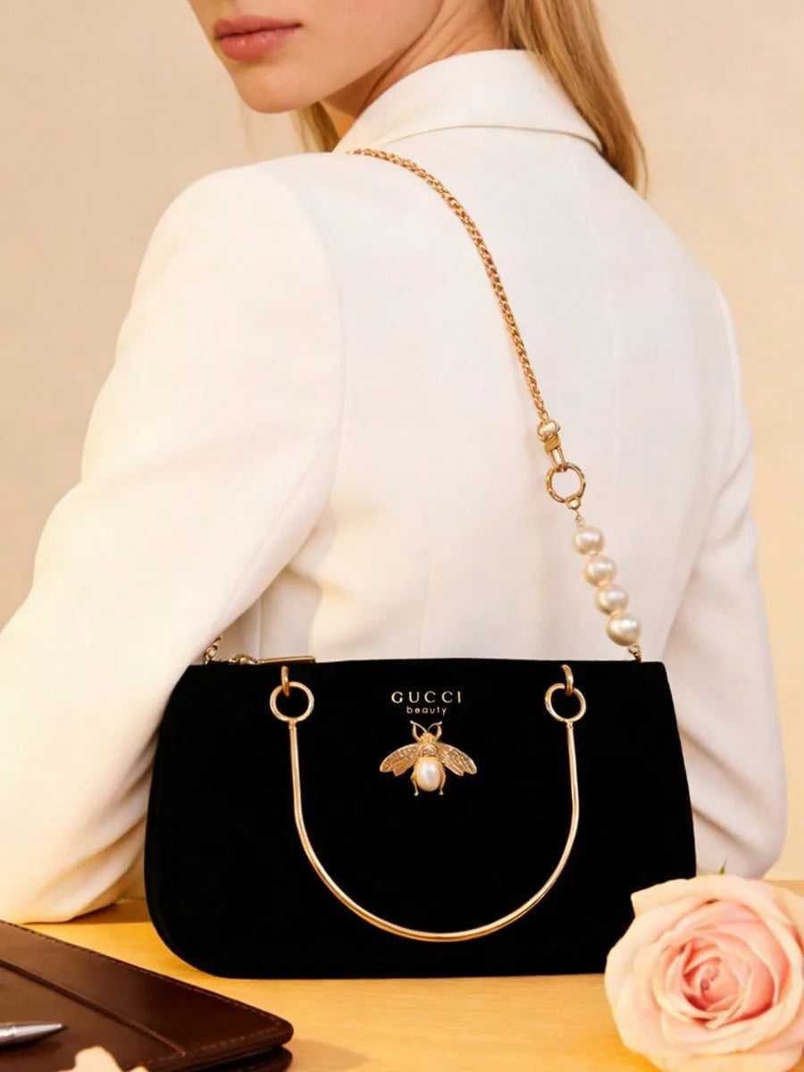 Gucci Gucci’s bag Women Black Velvet Insect Element Chain Crossbody Cosmetic Bag Fashion Daily Shoulder Storage Bag For Casual W