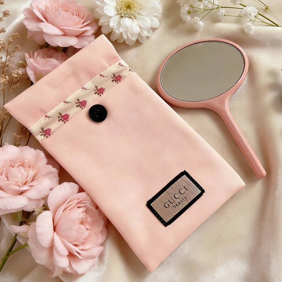 Gucci’s bag Pink Canvas Cosmetic Storage Bag Portable Travel Pouch With Logo Mirror Ideal Birthday Anniversary Gift For Women