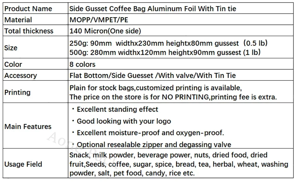 50pcs Recyclable Tin Tie Coffee Bag Packaging Aluminum Foil Cotton Paper Kraft Coffee Bean Bag 250g 500g with Valve Food Tea Bag