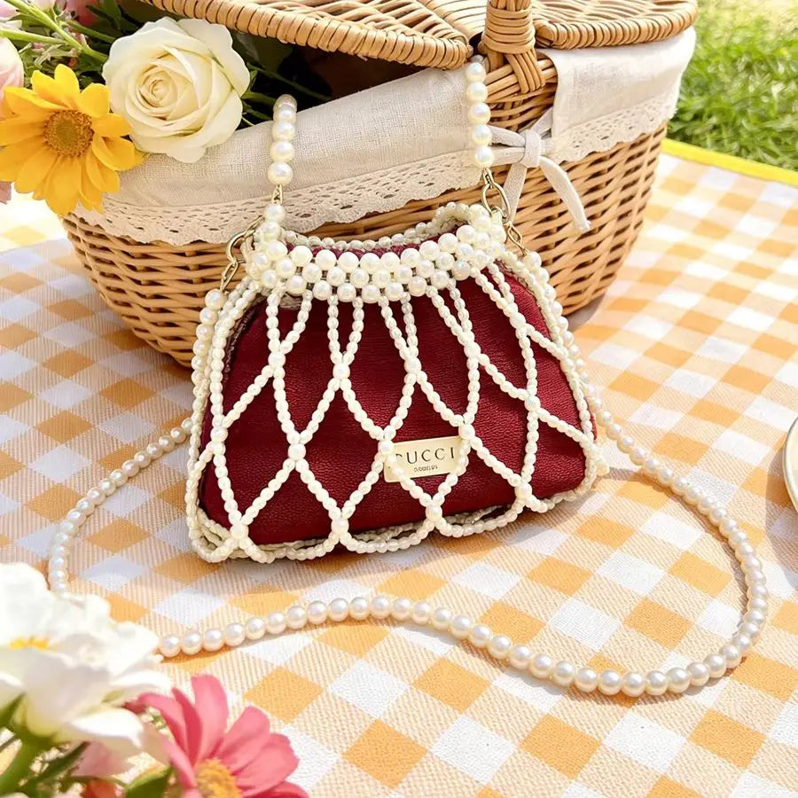 Gucci Gucci’s bag Red Mini Pearl Chain Shoulder Bag Handmade Pearl Flip Luxury Handbag Dating Travel Vacation Gift For Women