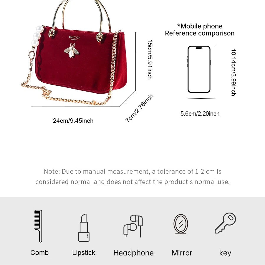 Gucci Gucci’s bag Women Medium Wine Red Velvet Chain Crossbody Cosmetic Bag Fashion Daily Shoulder Storage Bag For Casual Wear