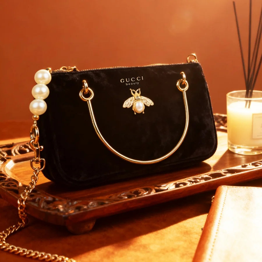 Gucci Gucci’s bag Women Black Velvet Insect Element Chain Crossbody Cosmetic Bag Fashion Daily Shoulder Storage Bag For Casual W