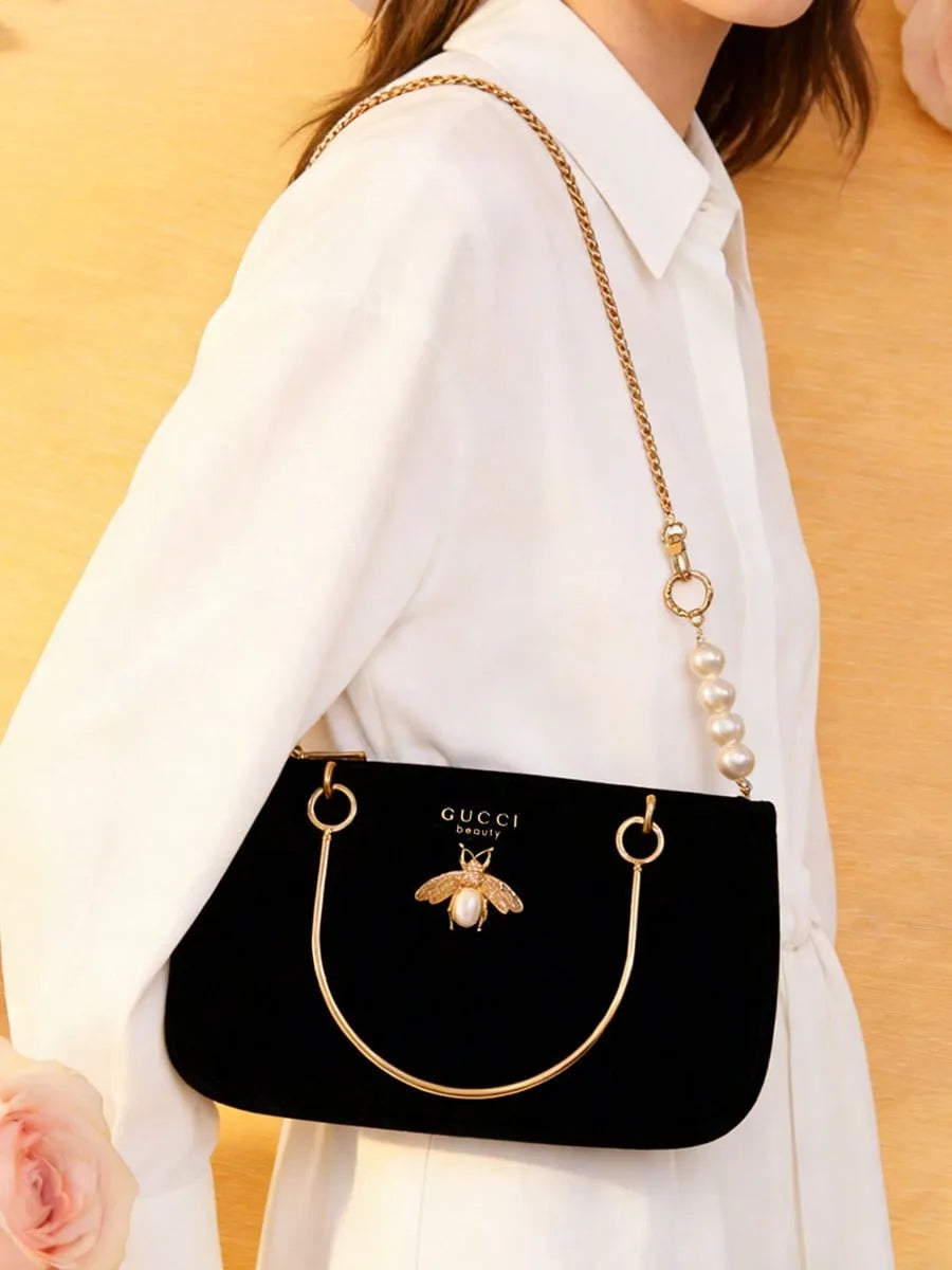 Gucci Gucci’s bag Women Black Velvet Insect Element Chain Crossbody Cosmetic Bag Fashion Daily Shoulder Storage Bag For Casual W