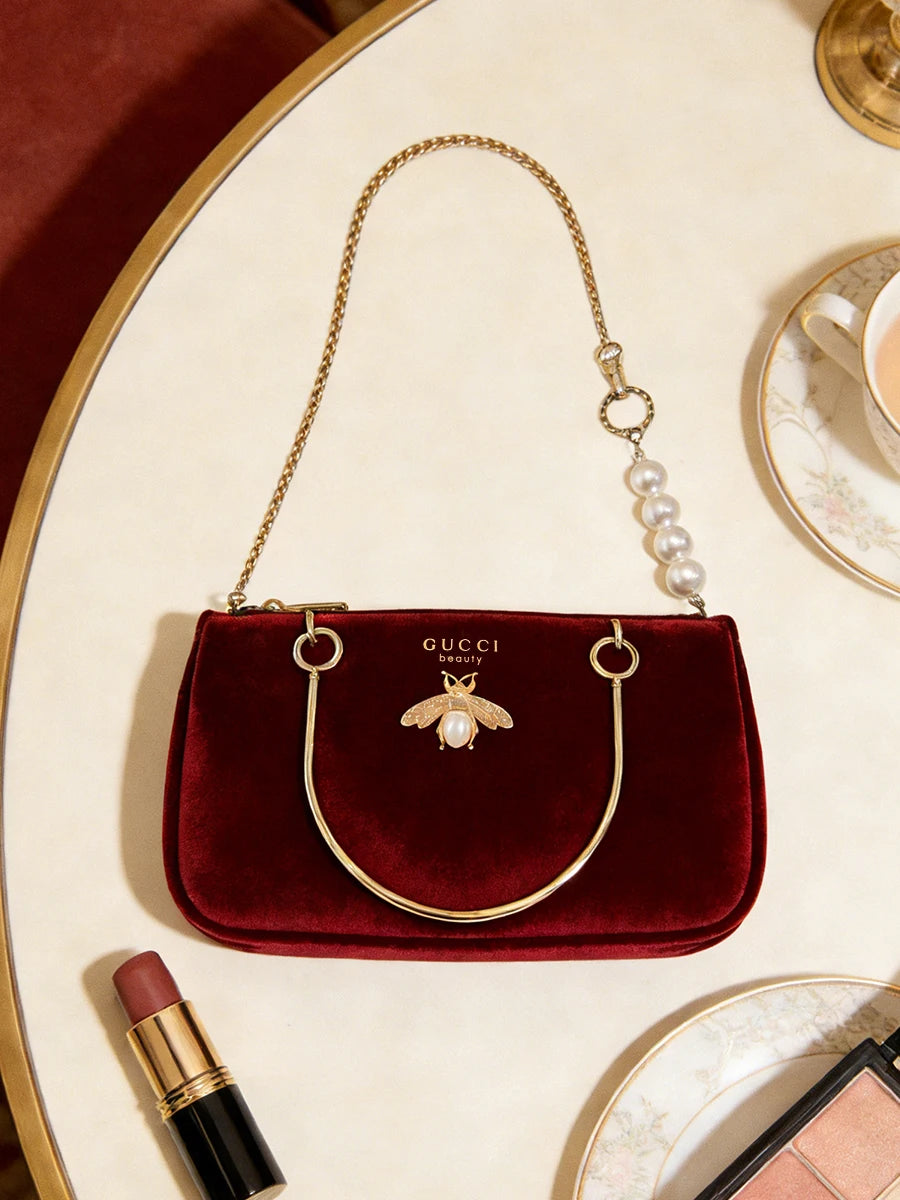Gucci Gucci’s bag Women Medium Wine Red Velvet Chain Crossbody Cosmetic Bag Fashion Daily Shoulder Storage Bag For Casual Wear